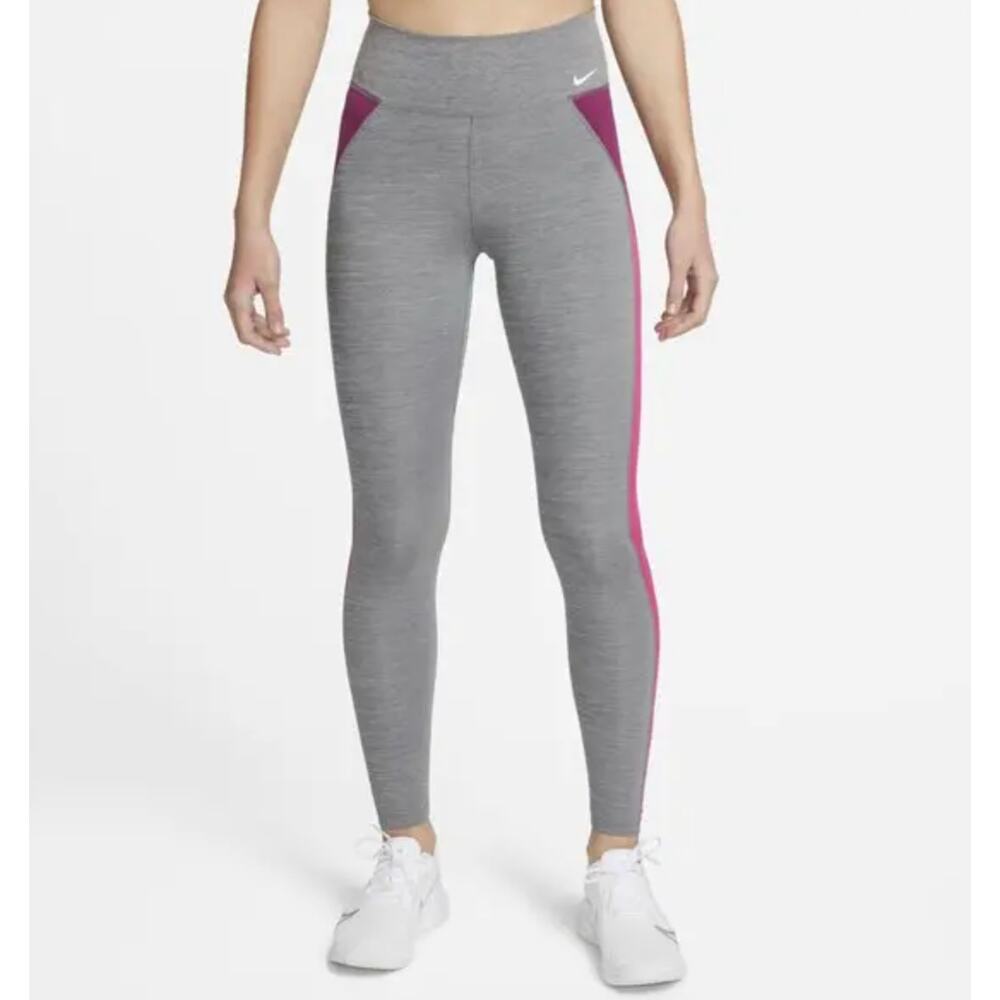 Nike One Women’s Mid-Rise Color-Block Leggings Iron Grey Pink Size L